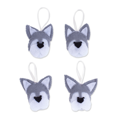 Felt ornaments, 'Outgoing Friend' (set of 4) - Set of 4 Handcrafted Felt Ornaments with Husky Dogs