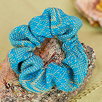 Cotton scrunchie, 'Cyan Hug' - Cotton Scrunchie in Cyan and Beige Hues Handloomed in Mexico