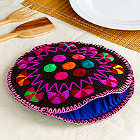 Cotton tortilla warmer, 'Bright Deliciousness' - Handloomed Cololful Cotton Tortilla Warmer with Embroidery