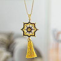 Gold-plated pendant necklace, 'Yellow Mandala' - Gold-Plated Mandala Pendant Necklace with Tassel from Mexico