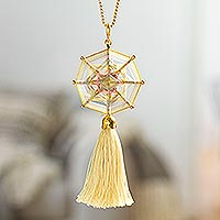 Gold-plated pendant necklace, 'Beige Mandala' - Gold-Plated Mandala Pendant Necklace with Tassel from Mexico
