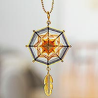Gold-plated pendant necklace, 'Feather Mandala' - Feather Gold-Plated Mandala Pendant Necklace from Mexico