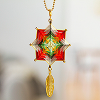 Gold-plated pendant necklace, 'Crimson Feather' - 18k Gold-Plated Feather Pendant Necklace with Colorful Motif