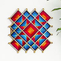 Handwoven wall art, 'Red Divinity' - Pine Wood Handwoven Red Wall Art with Geometric Motifs