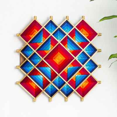 Handwoven wall art, 'Red Divinity' - Pine Wood Handwoven Red Wall Art with Geometric Motifs