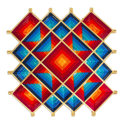 Handgewebte Wandkunst - Handgewebte rote Wandkunst aus Kiefernholz mit geometrischen Motiven