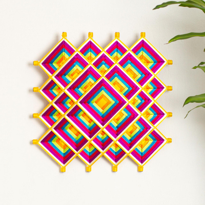 Arte de pared tejido a mano - Arte de pared de azafrán tejido a mano de madera de pino con motivos geométricos