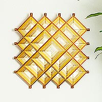 Handwoven wall art, 'Gold Divinity' - Pine Wood Handwoven Gold Wall Art with Geometric Motifs
