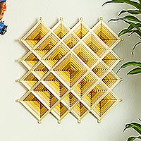 Handwoven wall art, 'Copper Divinity' - Pine Wood Handwoven Copper Wall Art with Geometric Motifs