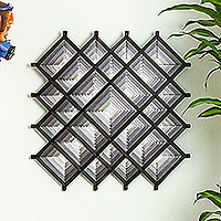 Handwoven wall art, 'Coal Divinity' - Pine Wood Handwoven Coal Wall Art with Geometric Motifs