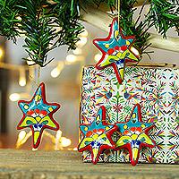 Ceramic ornaments, 'Floral Sunrise' (set of 4) - Set of 4 Handcrafted Ceramic Talavera Star Ornaments in Red