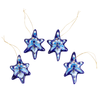 Adornos de cerámica, (juego de 4) - Juego de 4 Estrellas de Talavera de Cerámica Artesanales en Azul