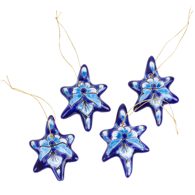 Ceramic ornaments, 'Floral Twilight' (set of 4) - Set of 4 Handcrafted Ceramic Talavera Star Ornaments in Blue