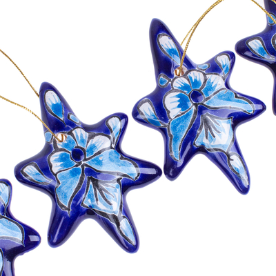 Ceramic ornaments, 'Floral Twilight' (set of 4) - Set of 4 Handcrafted Ceramic Talavera Star Ornaments in Blue