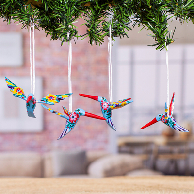 Wood ornaments, 'Cerulean Flutter' (set of 4) - Set of 4 Handcrafted Copal Wood Bird Ornaments in Cerulean