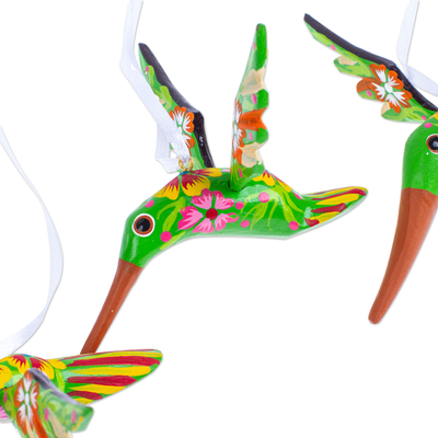Wood ornaments, 'Kiwi Flutter' (set of 4) - Set of 4 Handcrafted Copal Wood Bird Ornaments in Kiwi