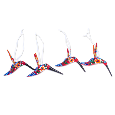 Wood ornaments, 'Vermilion Flutter' (set of 4) - Set of 4 Handcrafted Copal Wood Bird Ornaments in Vermilion