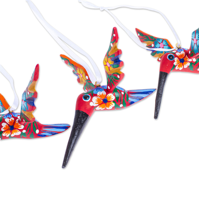 Wood ornaments, 'Vermilion Flutter' (set of 4) - Set of 4 Handcrafted Copal Wood Bird Ornaments in Vermilion