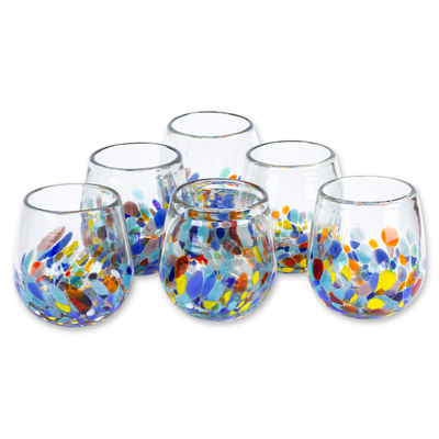 Handblown stemless wine glasses, 'Confetti Festival' (set of 6) - Artisan Handblown Stemless Wine Glasses (Set of 6)