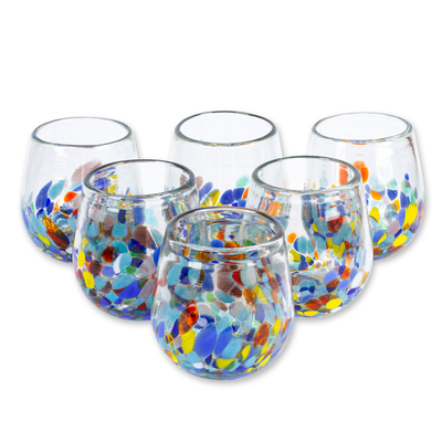Handblown stemless wine glasses, 'Confetti Festival' (set of 6) - Artisan Handblown Stemless Wine Glasses (Set of 6)