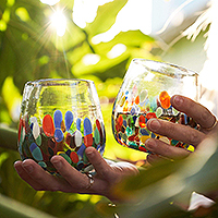 Handblown stemless wine glasses, 'Confetti Festival' (pair) - Artisan Handblown Stemless Wine Glasses (Pair)