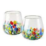 Handblown stemless wine glasses, 'Confetti Festival' (pair) - Artisan Handblown Stemless Wine Glasses (Pair)