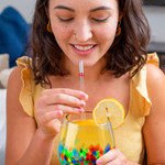 Handblown stemless wine glasses, 'Confetti Festival' (pair) - Artisan Handblown Stemless Wine Glasses (Pair)