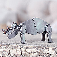 Recycled scrap metal statuette, 'Wild Strength' - Handcrafted Recycled Scrap Metal Rhino Statuette