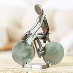 Recycled scrap metal statuette, 'Ecological Morning' - Handcrafted Recycled Scrap Metal Statuette of Man Biking