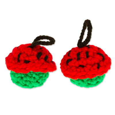 Crocheted charm, 'Red Dessert' (pair) - Pair of Crocheted Cupcake Charms in Red and Green