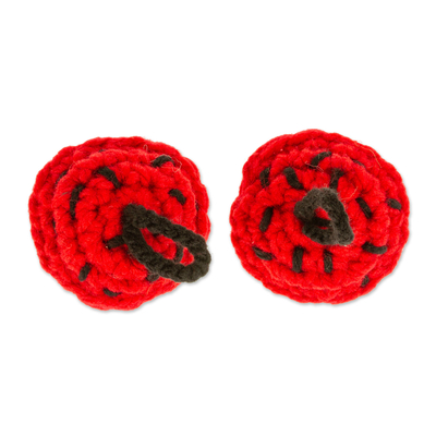 Crocheted charm, 'Red Dessert' (pair) - Pair of Crocheted Cupcake Charms in Red and Green