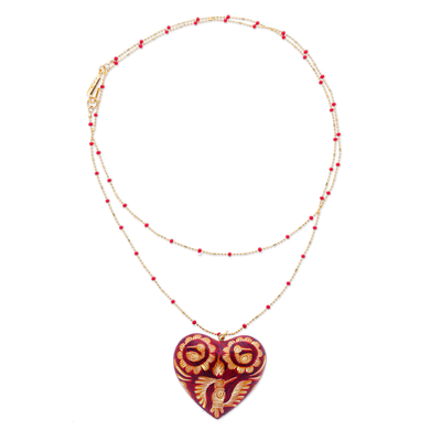 Halskette mit Holzanhänger - Rote Copal-Holz-Anhänger-Halskette mit bemalten Vogeldetails