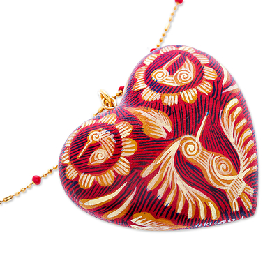 Wood pendant necklace, 'Free Love' - Red Copal Wood Pendant Necklace with Painted Bird Details