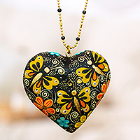 Wood pendant necklace, 'Loving Hope' - Black Wood Pendant Necklace with Hand-Painted Butterflies