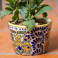 Ceramic flower pot, 'Talavera Grandeur' - Handmade Talavera Ceramic Flower Pot in Blue and White