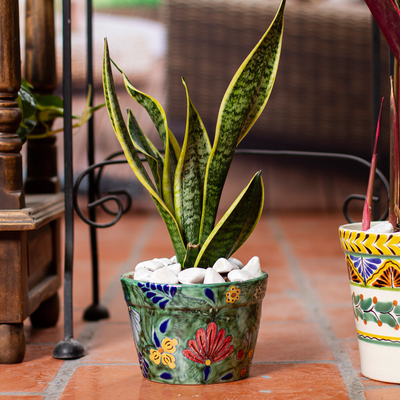 Ceramic flower pot, 'Laurel Beauty' - Talavera Ceramic Flower Pot with Leafy and Floral Motifs