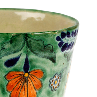 Ceramic flower pot, 'Laurel Beauty' - Talavera Ceramic Flower Pot with Leafy and Floral Motifs