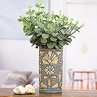 Ceramic vase, 'Grey Salon' - Handcrafted Floral Ceramic Vase in Grey and Orange