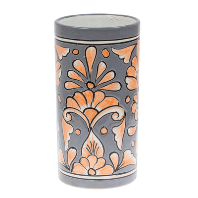Handcrafted Floral Ceramic Vase in Grey and Orange