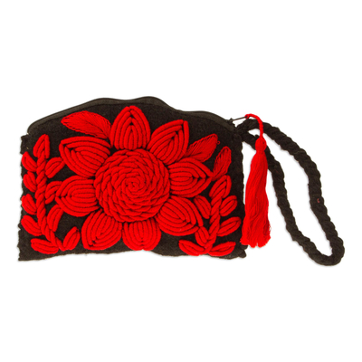 Embroidered Cotton Wristlet with Crimson Floral Details