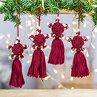 Cotton ornaments, 'Mulberry Constellation' (set of 4) - Set of 4 Handcrafted Cotton Star Ornaments in Mulberry Hue