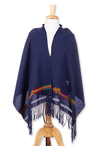 Cotton shawl, 'Midnight Heritage' - Traditional Cotton Shawl in Midnight with Embroidered Motifs