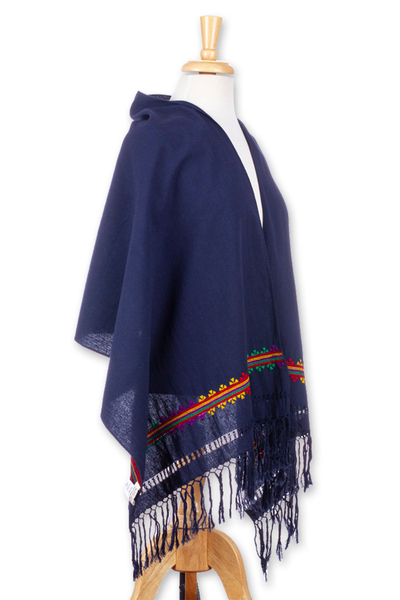 Cotton shawl, 'Midnight Heritage' - Traditional Cotton Shawl in Midnight with Embroidered Motifs