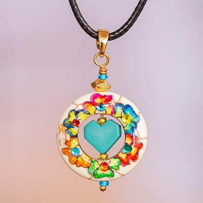 Gold-accented howlite pendant necklace, 'Love Wreath' - Howlite Pendant Necklace with Heart-Shaped Hematite Stone