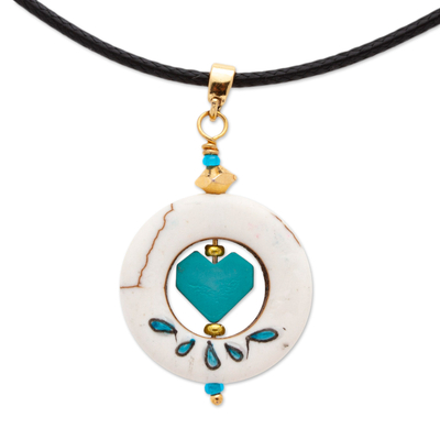 Gold-accented howlite pendant necklace, 'Love Wreath' - Howlite Pendant Necklace with Heart-Shaped Hematite Stone