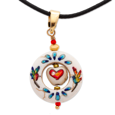 Gold-accented howlite pendant necklace, 'Affection Wreath' - Howlite Pendant Necklace with Hand-Painted Details
