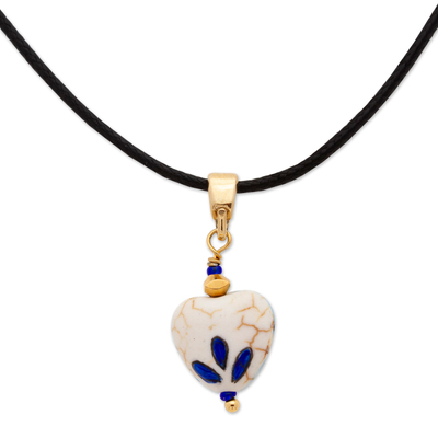 Gold-accented howlite pendant necklace, 'Floral Intuition' - 14k Gold-Accented Pendant Necklace with Hand-Painted Flower