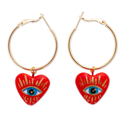 Gold-plated papier mache hoop earrings, 'Passionate Glance' - 14k Gold-Plated Hoop Earrings with Red Papier Mache Hearts