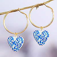 Gold-plated papier mache hoop earrings, 'Blue Affection' - 14k Gold-Plated Hoop Earrings with Blue Papier Mache Hearts