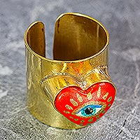 Gold-plated papier mache wrap ring, 'Passionate Glance' - 14k Gold-Plated Wrap Ring with Red Papier Mache Heart